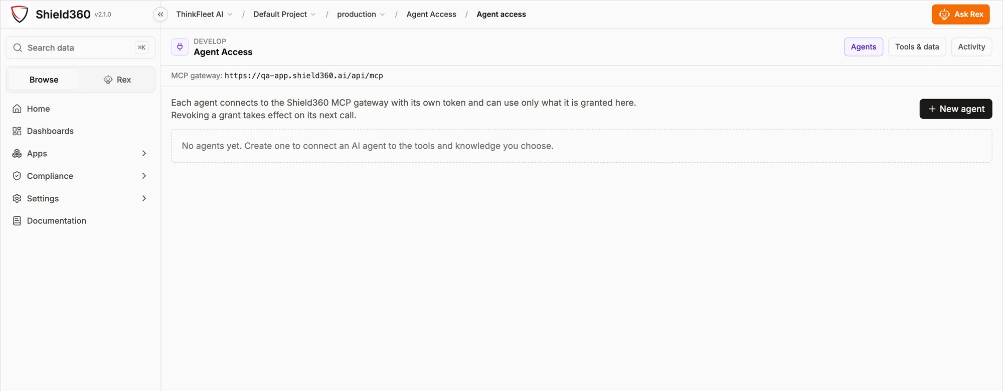 Shield360 Agent Access: tabs for agents, tools and data, and activity, with the MCP gateway endpoint shown and a control to create a new agent.