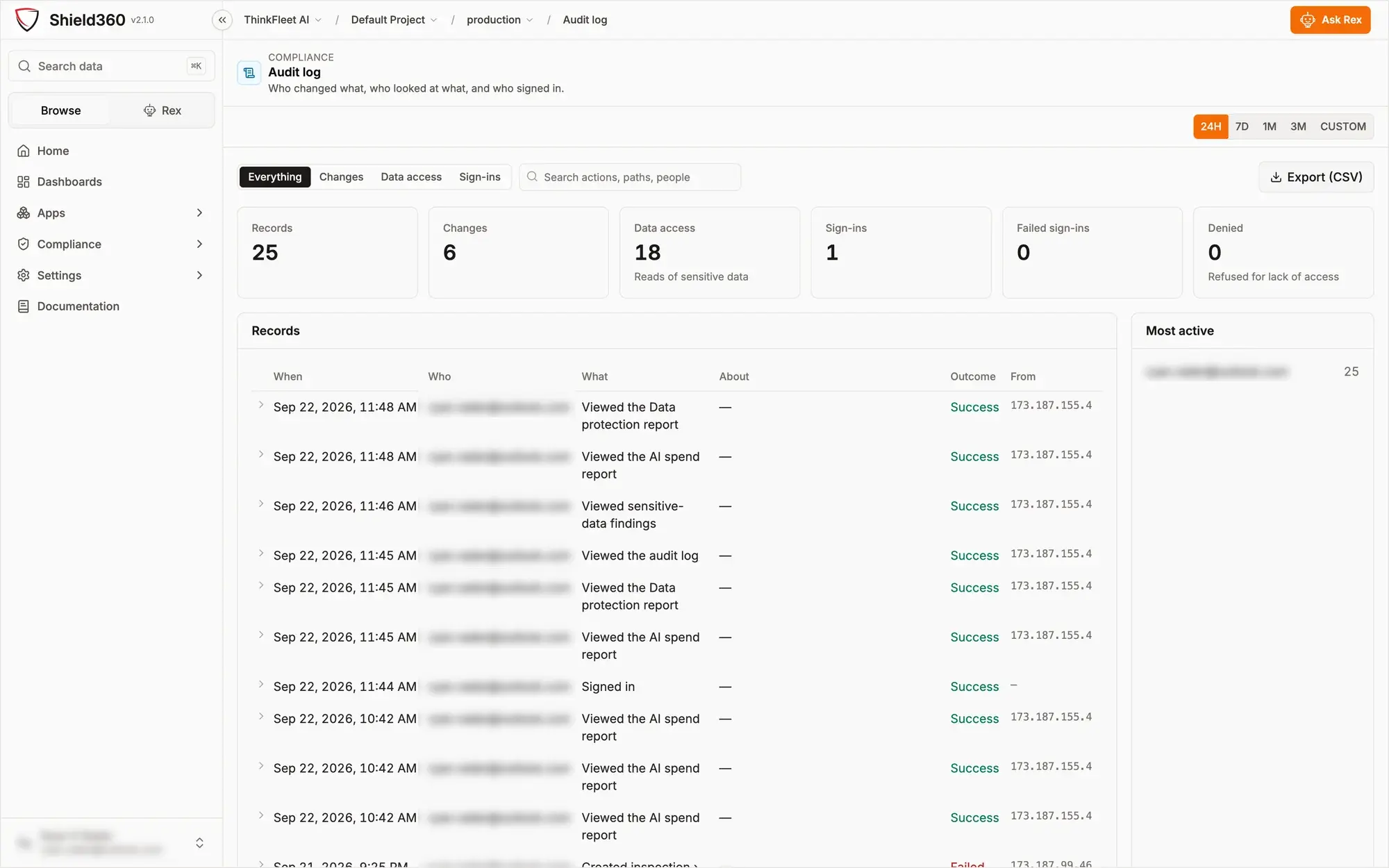 Shield360 audit log: totals for records, changes, data access, sign-ins, failed sign-ins and denied requests, above a table of when, who, what, about, outcome and source address.
