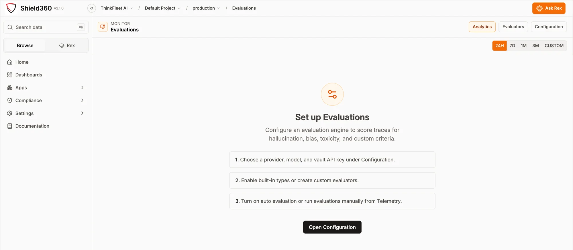 Shield360 Evaluations: analytics, evaluators and configuration tabs, with setup instructions for scoring traces for hallucination, bias, toxicity and custom criteria.