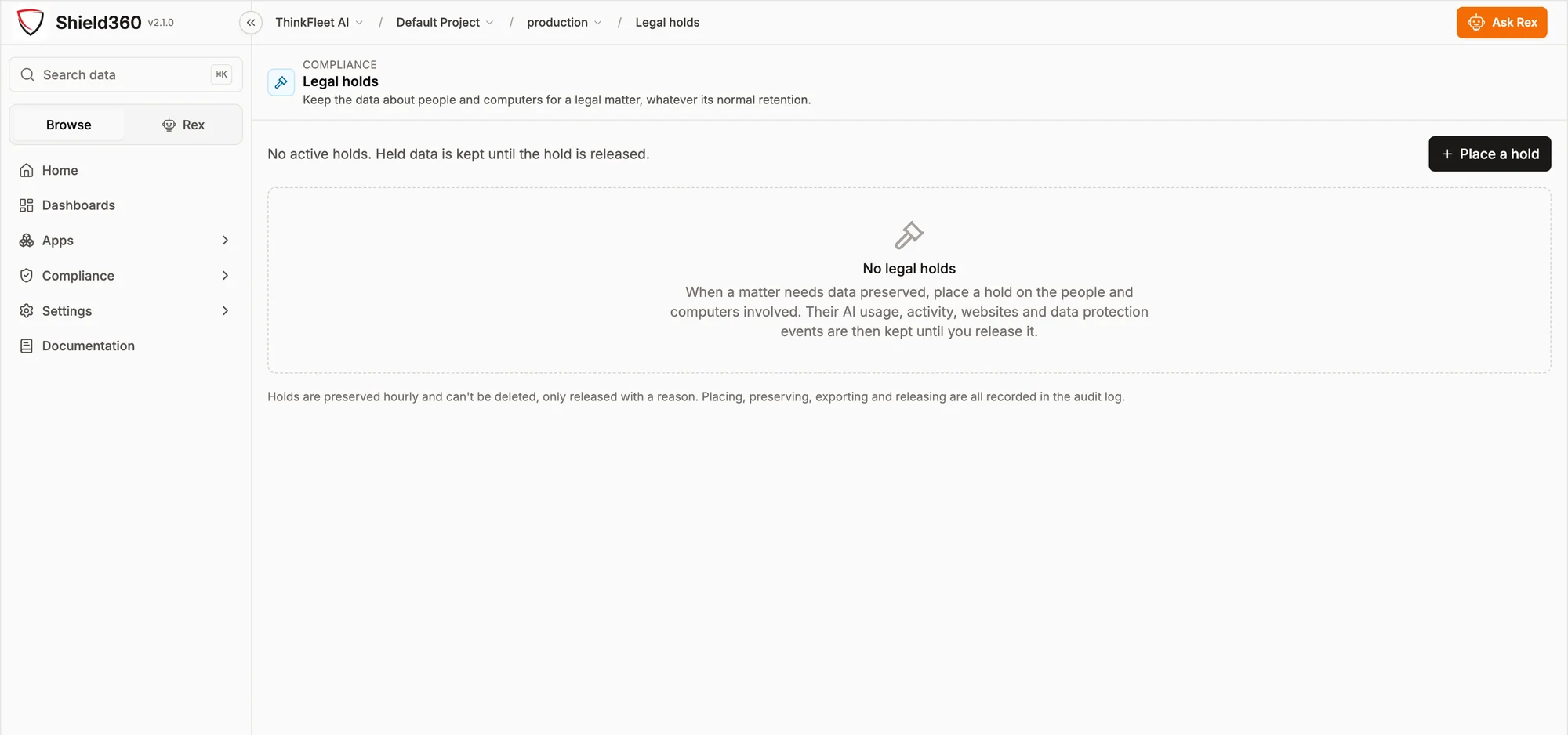 Shield360 legal holds: an empty state explaining that a hold preserves the AI usage, activity, websites and data protection events of the people and computers involved until it is released.